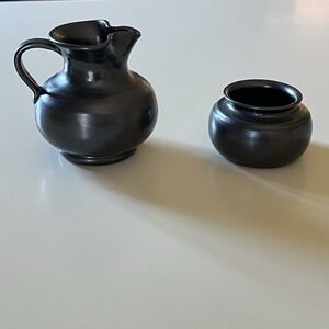 Prinknash Black Metallic Gunmetal Pottery‎ 4" Pitcher And Sugar Bowl England
